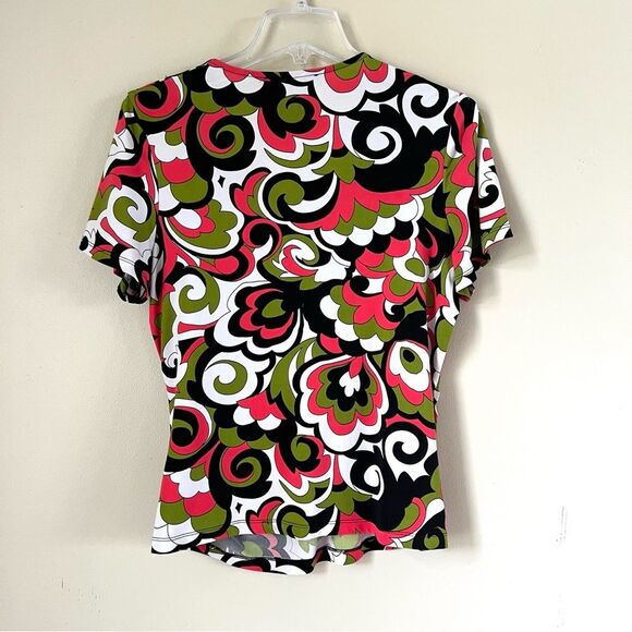 Y2K Evan Picone Multicolor Faux Wrap Retro Short Sleeve Babydoll Blouse SZ M - Picture 4 of 9